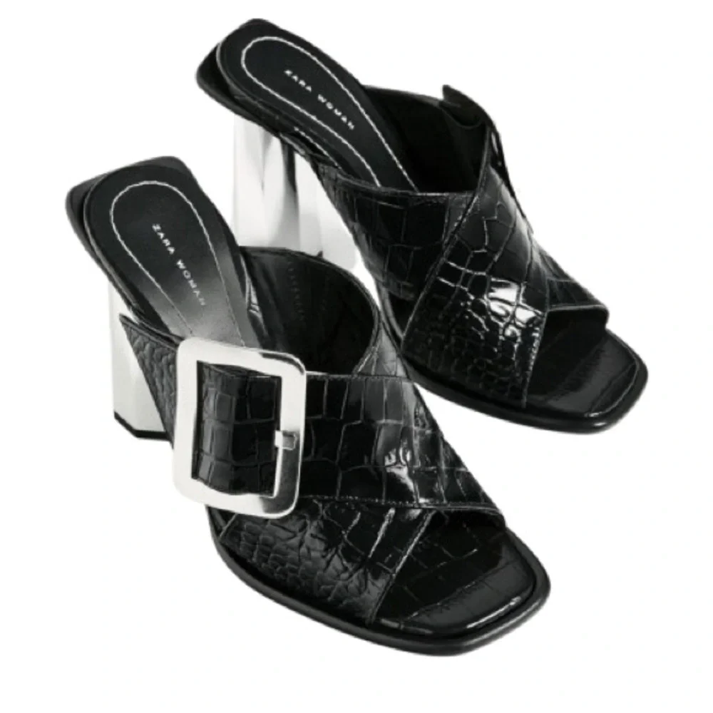 Zara Embossed Crossover Leather Metallic Chrome Mules Sandals High Heels 7.5 - Picture 3 of 14
